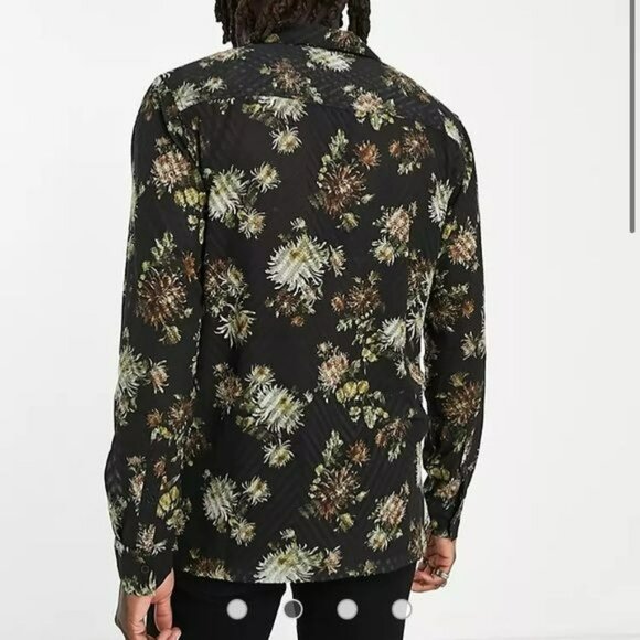 ASOS regular shirt with deep revere button up sheer floral black white pink - M - Picture 2 of 8